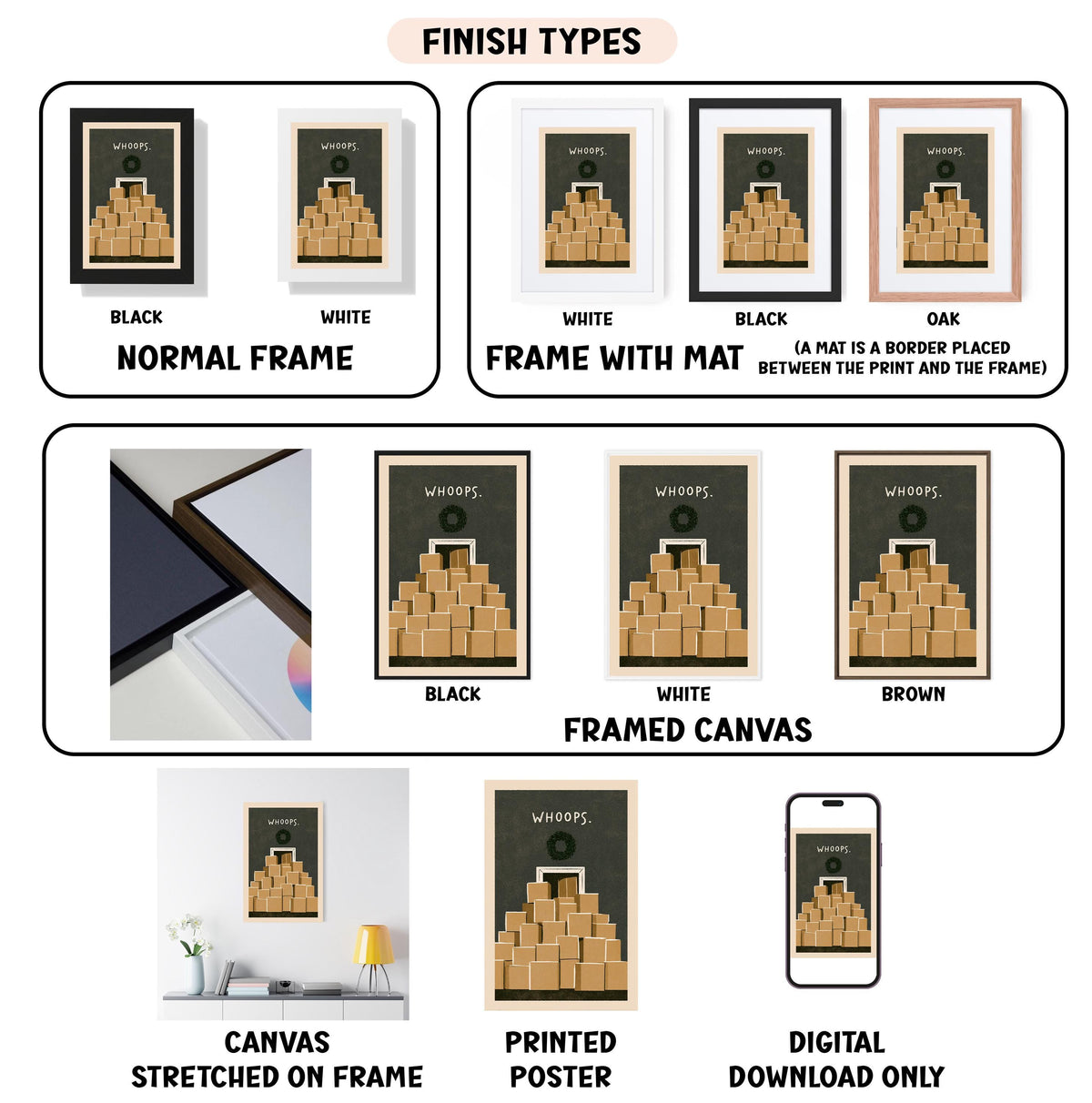 various types of framed artwork, including a poster, a canvas, and a printed poster, each with different finishes and frame styles.