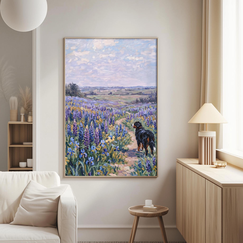 a serene living room with a large painting of a dog walking through a field of purple flowers hanging on the wall.