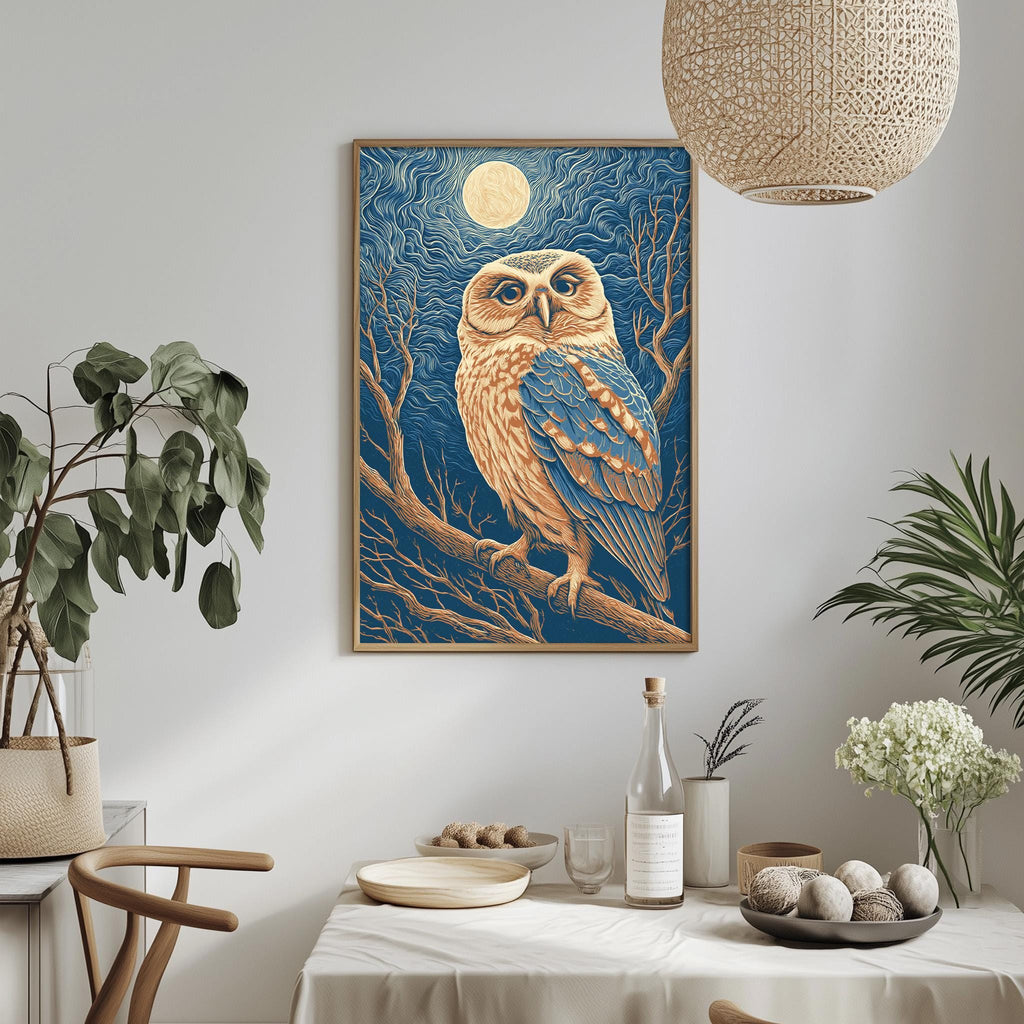 a framed painting of an owl perched on a branch, with a full moon in the background, hanging on a wall above a dining table.