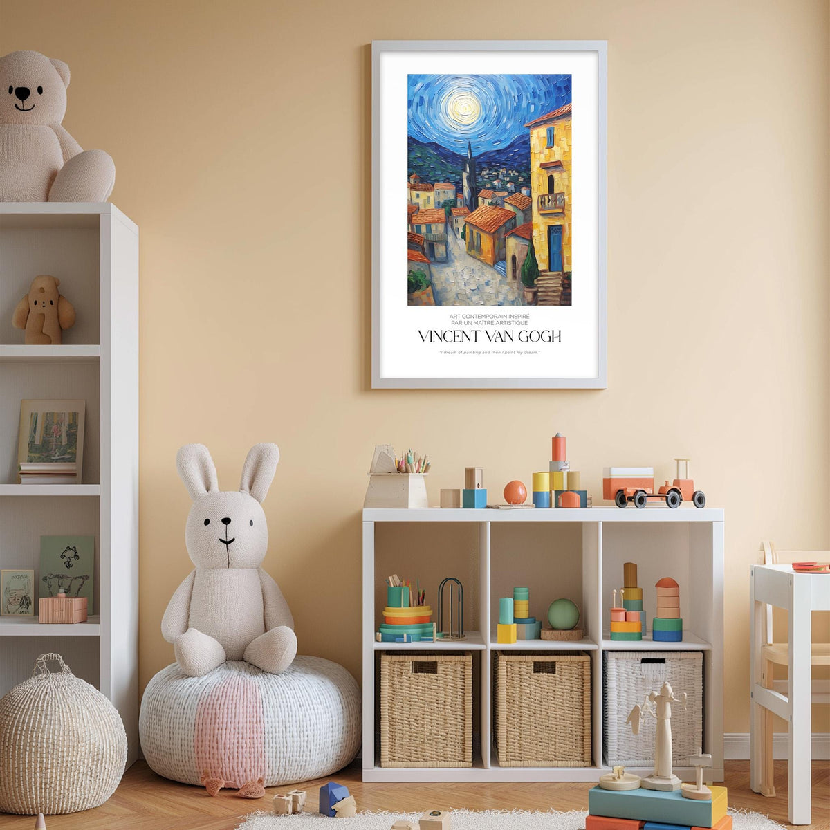 a child's bedroom with a large framed painting of a night scene hanging on the wall, a white bookshelf filled with toys, and a white bean bag chair.