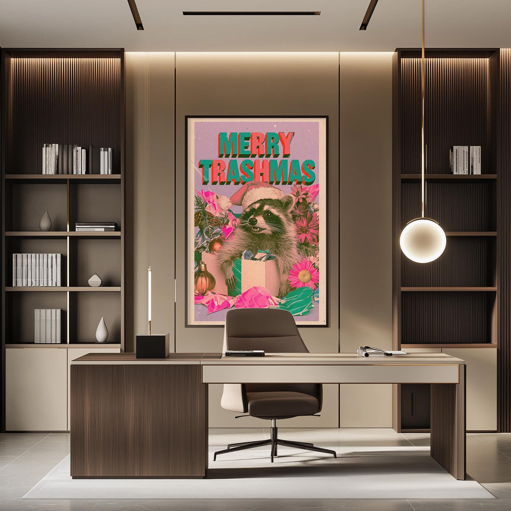 a modern office space with a large framed poster of a raccoon on the wall, a desk with a chair, and a bookshelf.