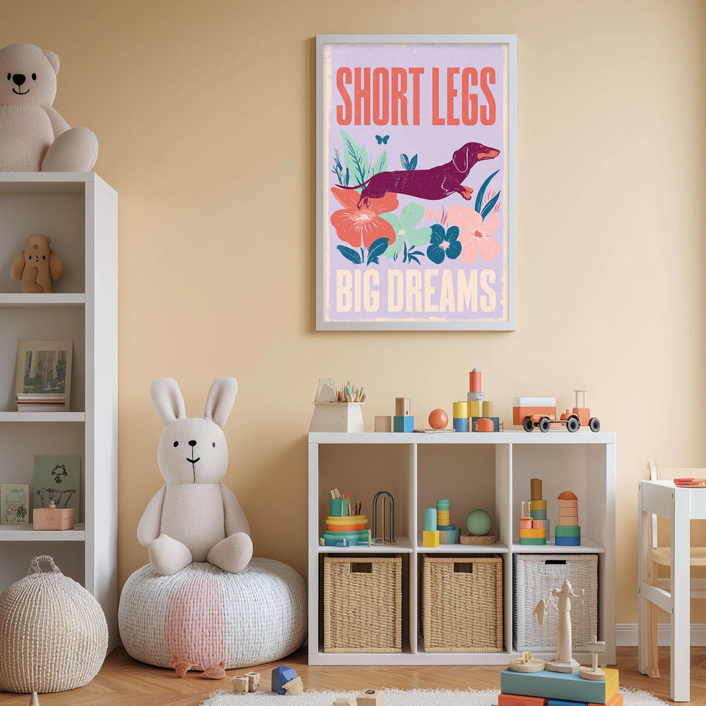 The image is a child's bedroom with a white bookshelf, a stuffed rabbit, a poster on the wall, and a toy train set on the floor.