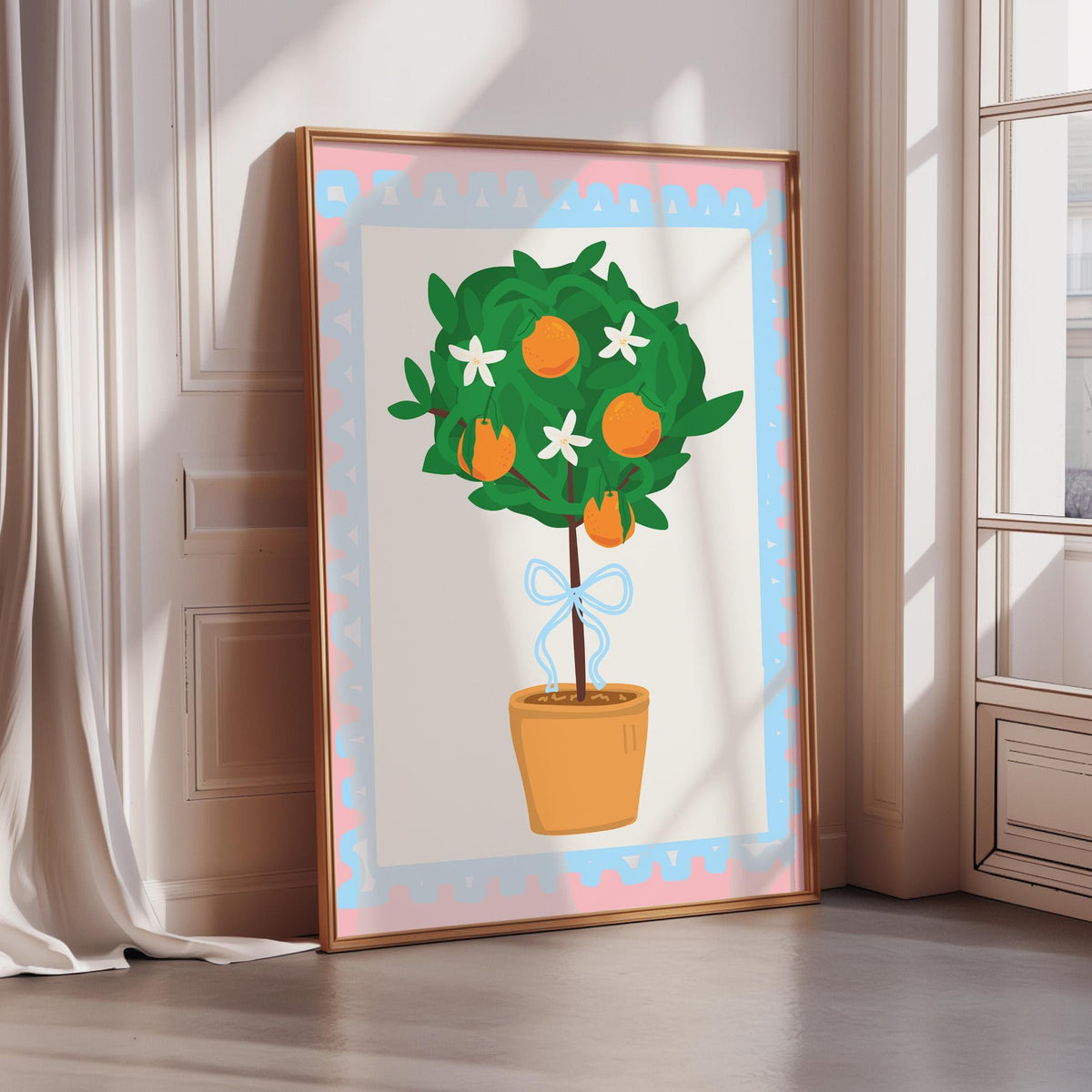 A framed illustration of a potted tree with orange fruits and white flowers is displayed on a wall.