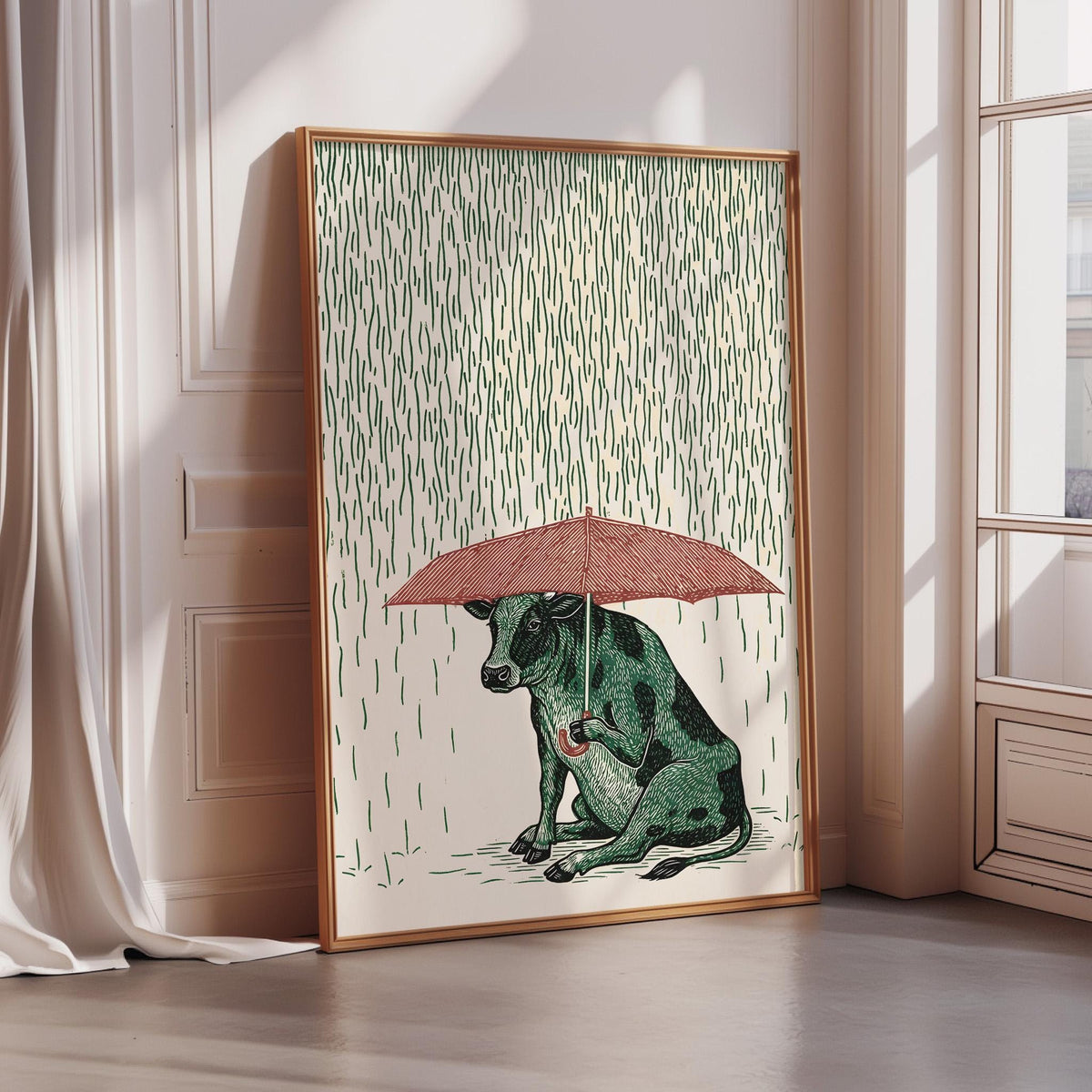 a green cow sitting on the floor under a red umbrella, with rain falling around it.