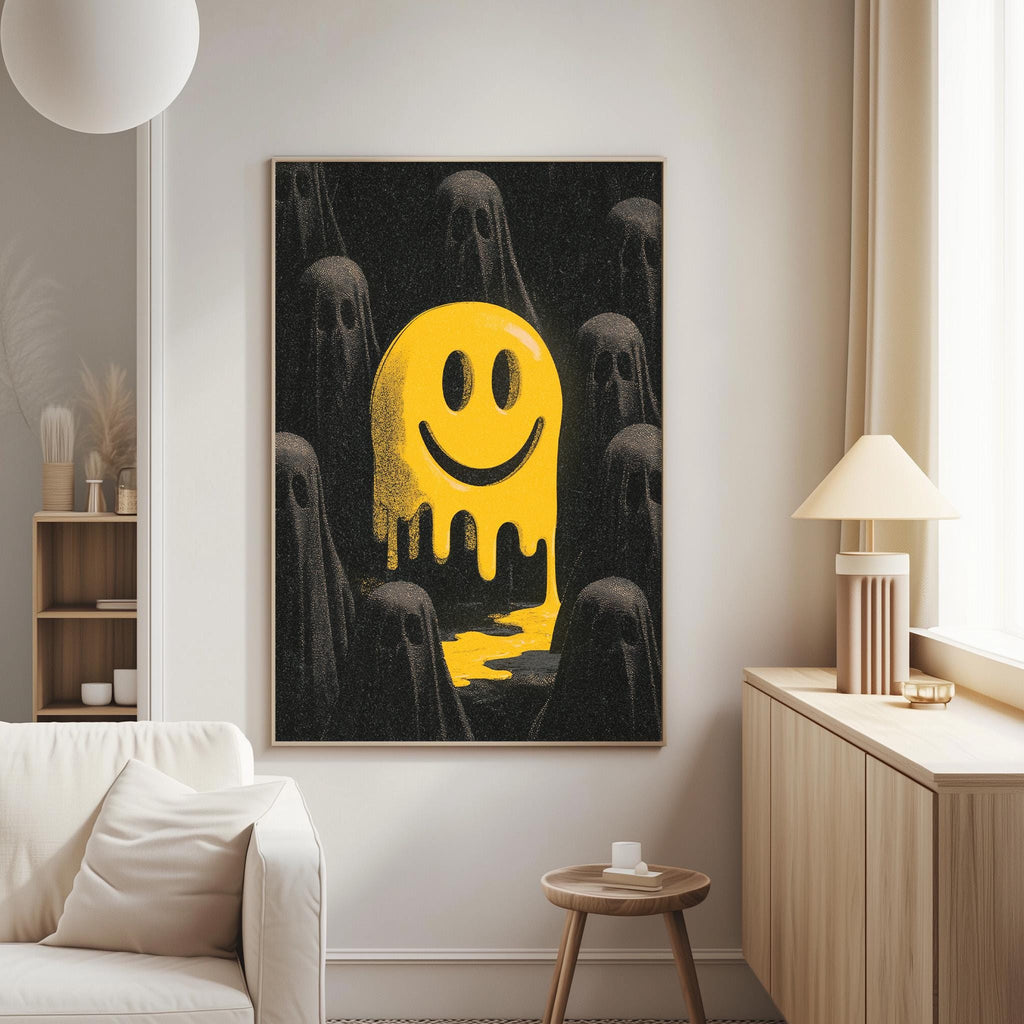 a large framed artwork depicting a yellow smiley face surrounded by black silhouettes of ghostly figures.