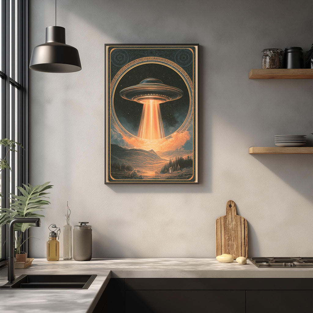 a framed artwork depicting an alien spacecraft hovering over a landscape with mountains and a sunset, creating a surreal and imaginative scene.