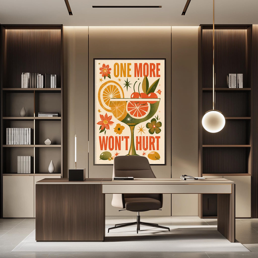 a modern office space with a large framed poster on the wall that reads "ONE MORE WON'T HURT". The office has a wooden desk and chair, and there are bookshelves on either side of the desk.