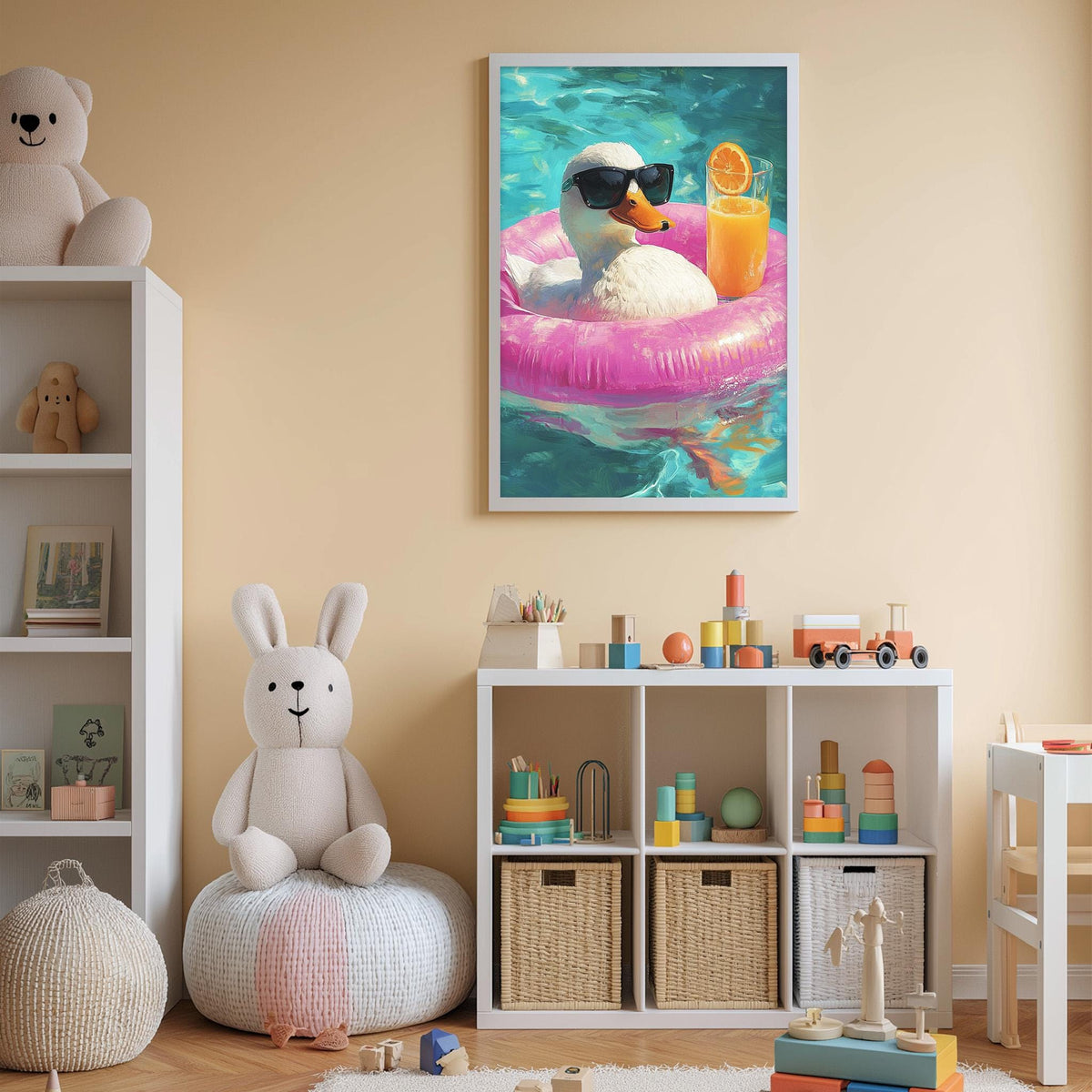 A child's bedroom with a white bookshelf, a stuffed rabbit, and a colorful toy box. Above the bookshelf is a framed picture of a duck swimming in a pool, wearing sunglasses and holding an orange.