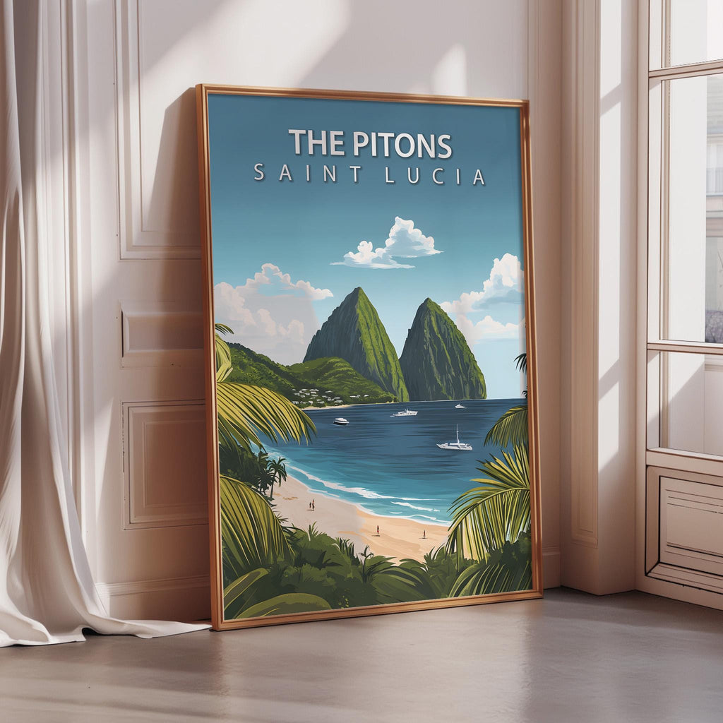 The image is a poster of Saint Lucia, featuring a tropical beach scene with palm trees, mountains, and a blue ocean with boats.