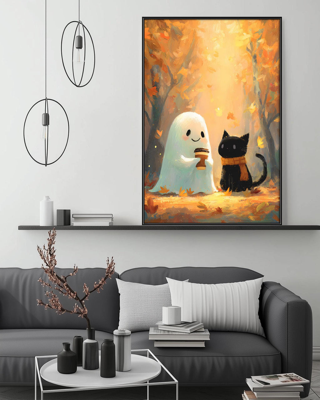 a cozy living room with a gray couch, a coffee table, and a large framed painting depicting a ghost and a cat in a forest setting.