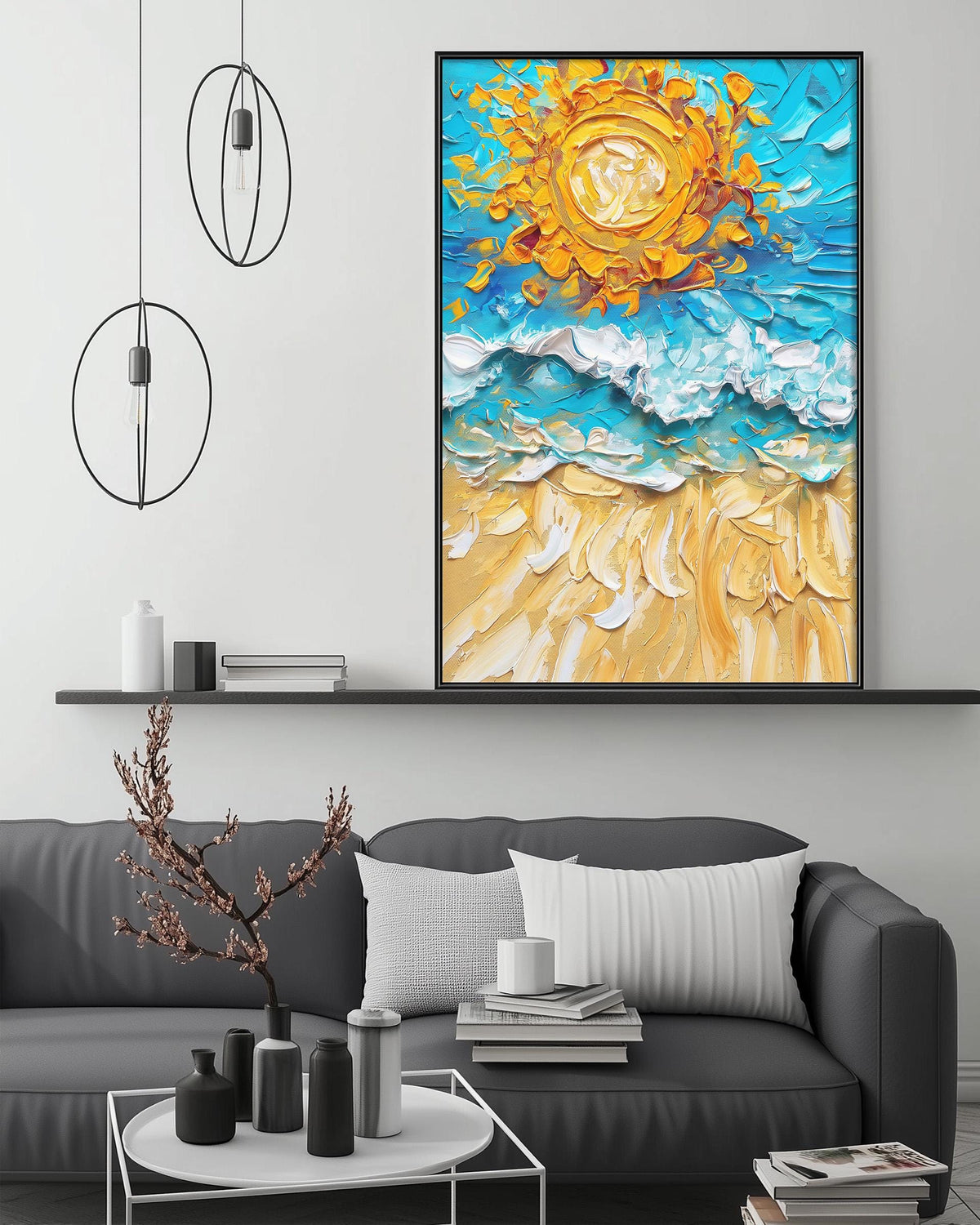 a modern living room with a gray sofa, a coffee table, and a large painting of a sun and ocean scene hanging on the wall above the sofa.