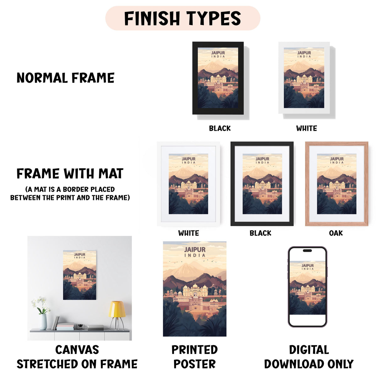 various framed artworks depicting different scenes, including a cityscape, mountains, and a sunset. The artworks are labeled with different finish types, such as "NORMAL FRAME", "FRAME WITH MAT", "WHITE", "BLACK", and "OAK". The artworks are also described as "CANVAS STRETCHED ON FRAME", "PRINTED POSTER", and "DIGITAL DOWNLOAD ONLY".