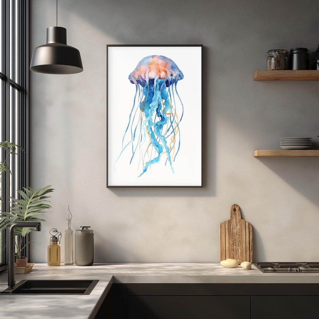 a framed watercolor painting of a jellyfish hanging on a wall in a kitchen setting.