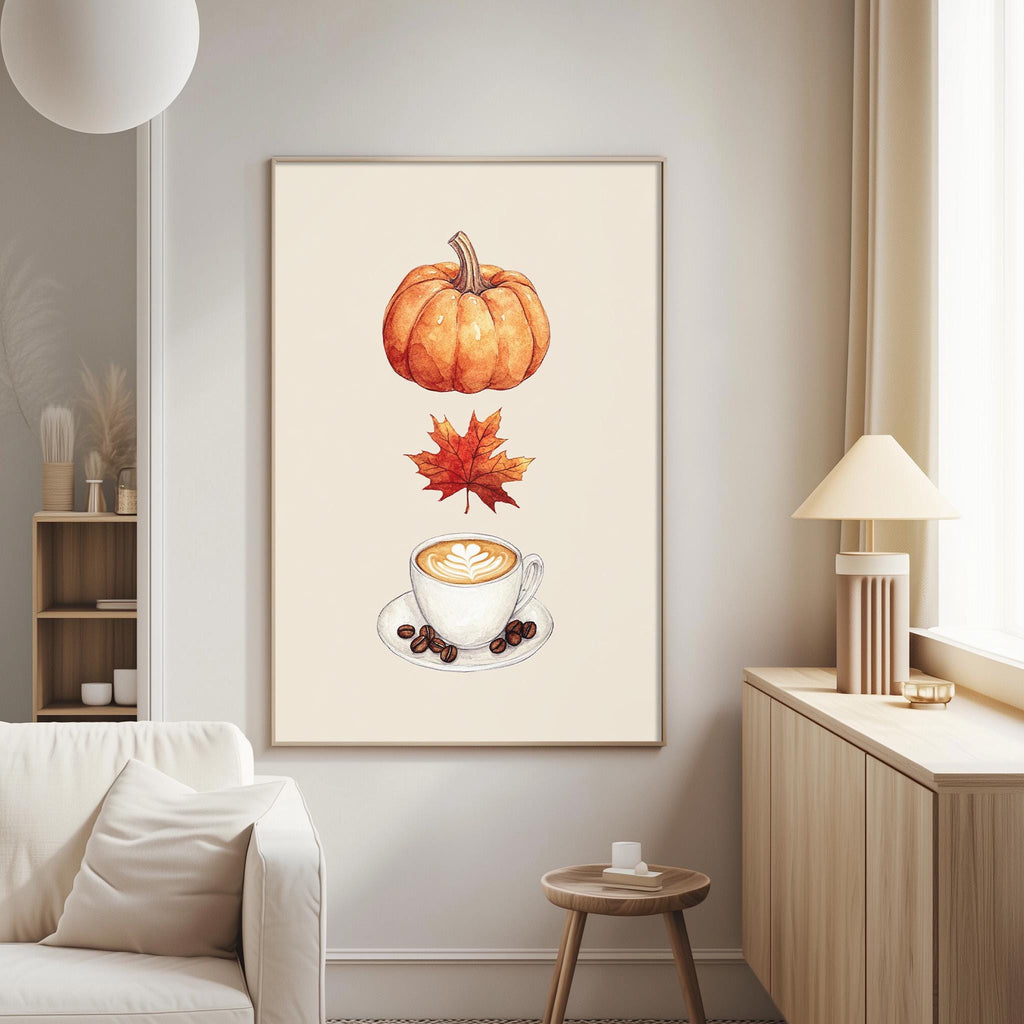 a cozy living room with a white sofa, a wooden side table, and a framed illustration of a pumpkin, a coffee cup, and a fall leaf on the wall.