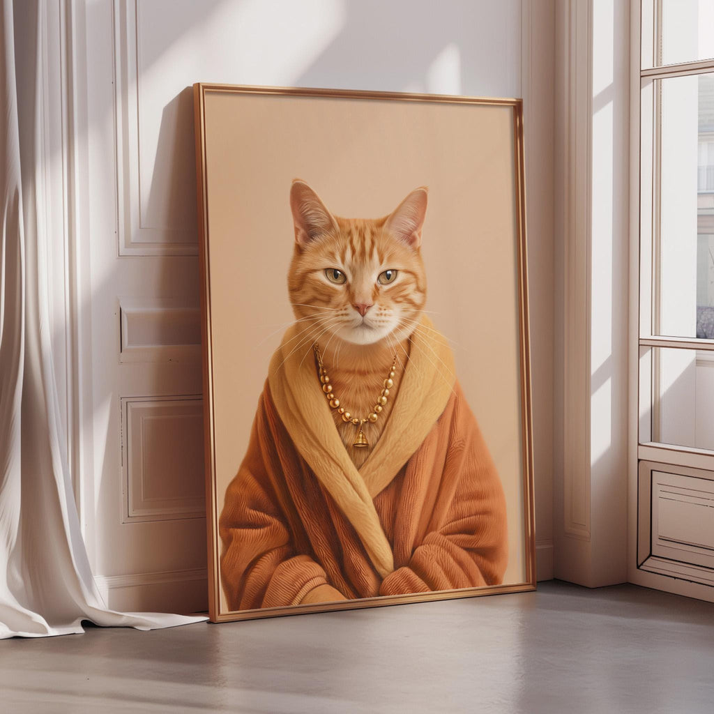A framed painting of an orange cat wearing a gold robe and necklace, standing in a room with a window.