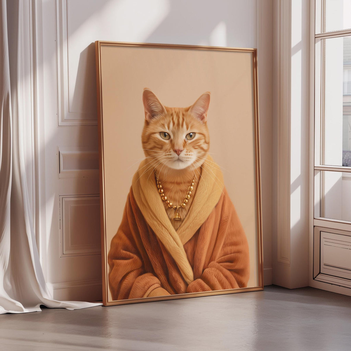 A framed painting of an orange cat wearing a gold robe and necklace, standing in a room with a window.