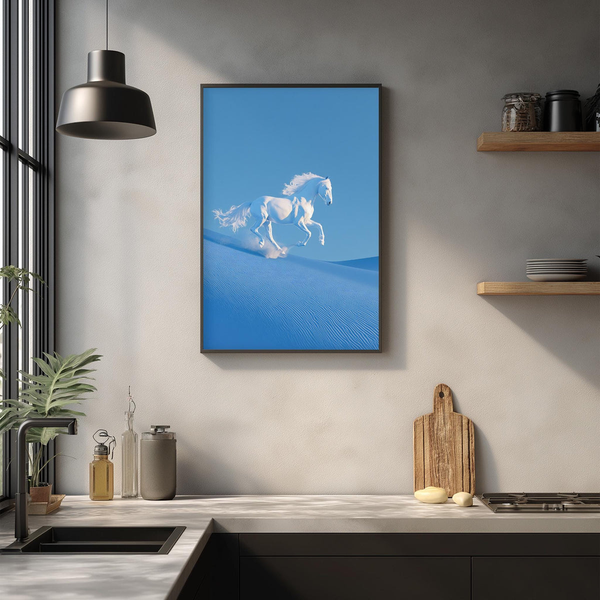 a kitchen counter with various kitchen items, including a cutting board, a soap dispenser, and a plant. Above the counter, there is a framed image of a white horse running on a blue background.