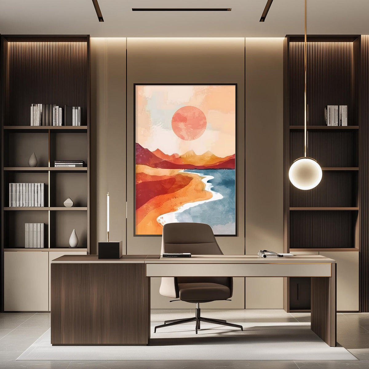 a modern and well-designed office space with a large abstract painting of a sunset over a beach landscape as the focal point. The room features a wooden desk, a comfortable chair, and built-in bookshelves, creating a serene and organized atmosphere.