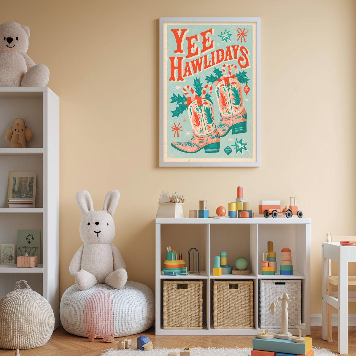 A child's bedroom with a white bookshelf, a stuffed rabbit, and a colorful poster on the wall. The poster features illustrations of a pair of boots and the text "YEEhawlidas".