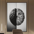 a modern and minimalist office space with a large black and white photograph of a brain on the wall, a wooden desk with a chair, and built-in bookshelves.
