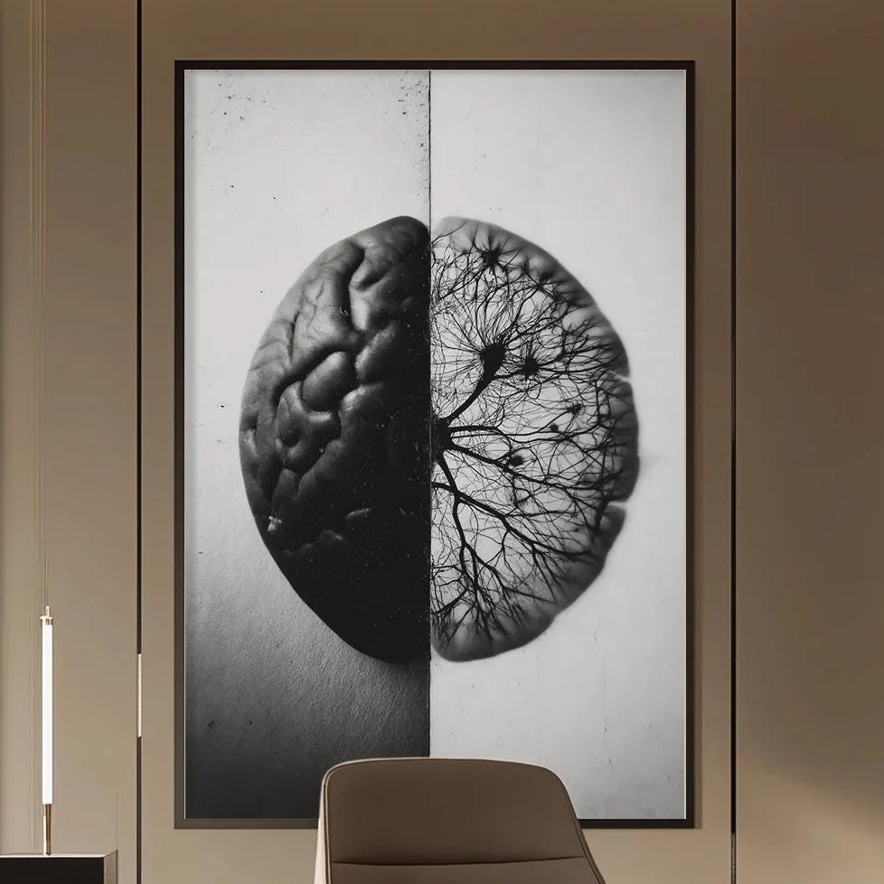a modern and minimalist office space with a large black and white photograph of a brain on the wall, a wooden desk with a chair, and built-in bookshelves.