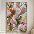 a large abstract painting hanging on a wall in a living room. The painting has a vibrant mix of colors and swirling patterns, creating a dynamic and visually striking display.