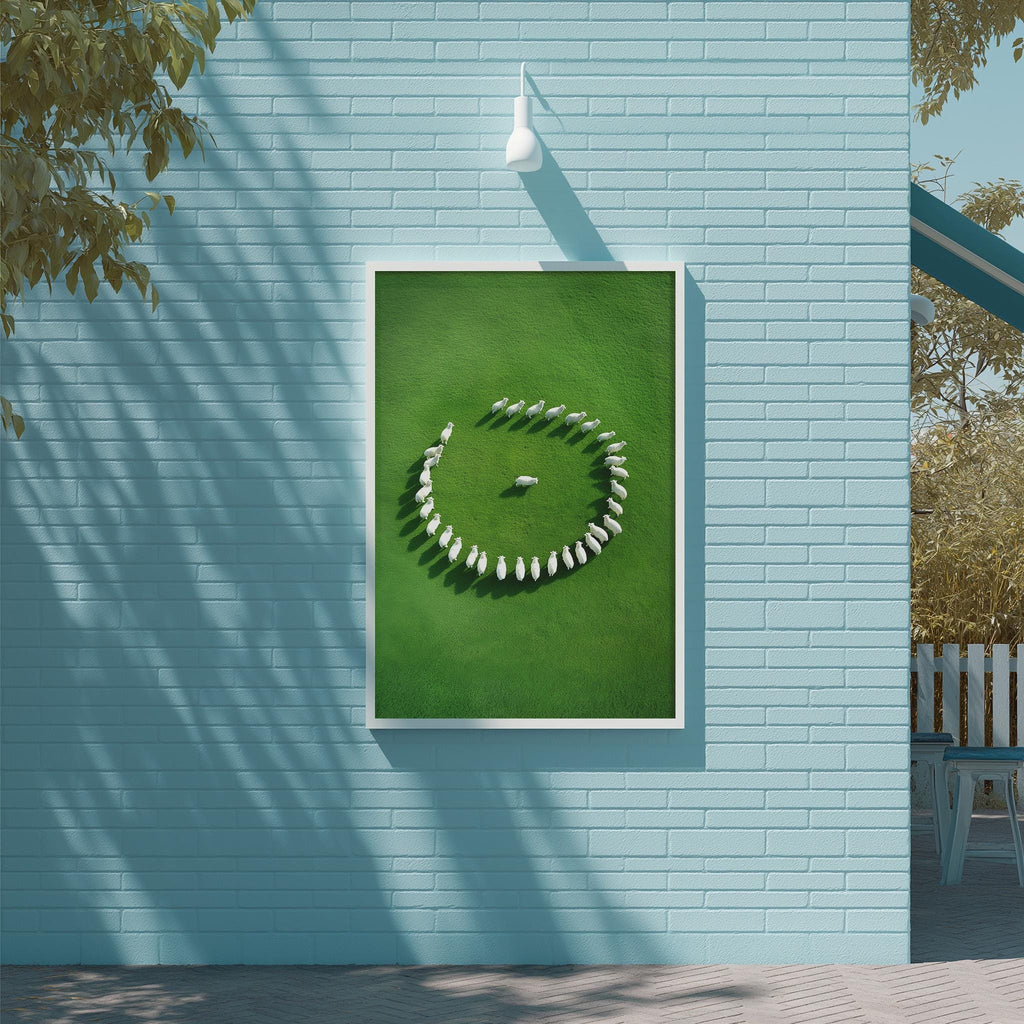 a framed artwork depicting a circular arrangement of white birds on a green grassy surface, with a white light fixture hanging above the frame.