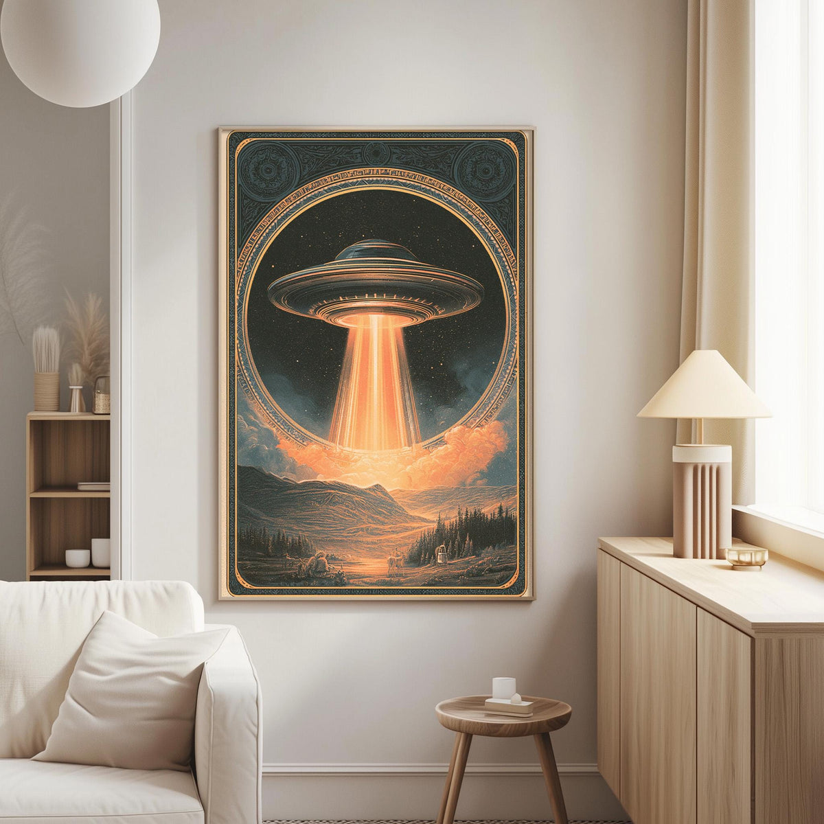 a large, colorful painting of an alien spacecraft hovering over a landscape with mountains and a sunset.
