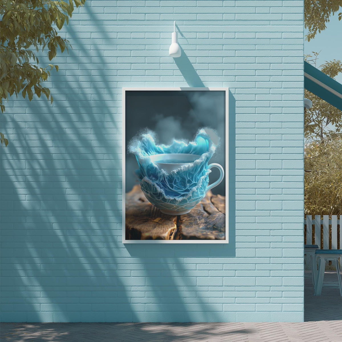 A framed image of a teacup with a blue and white design, mounted on a light blue brick wall.