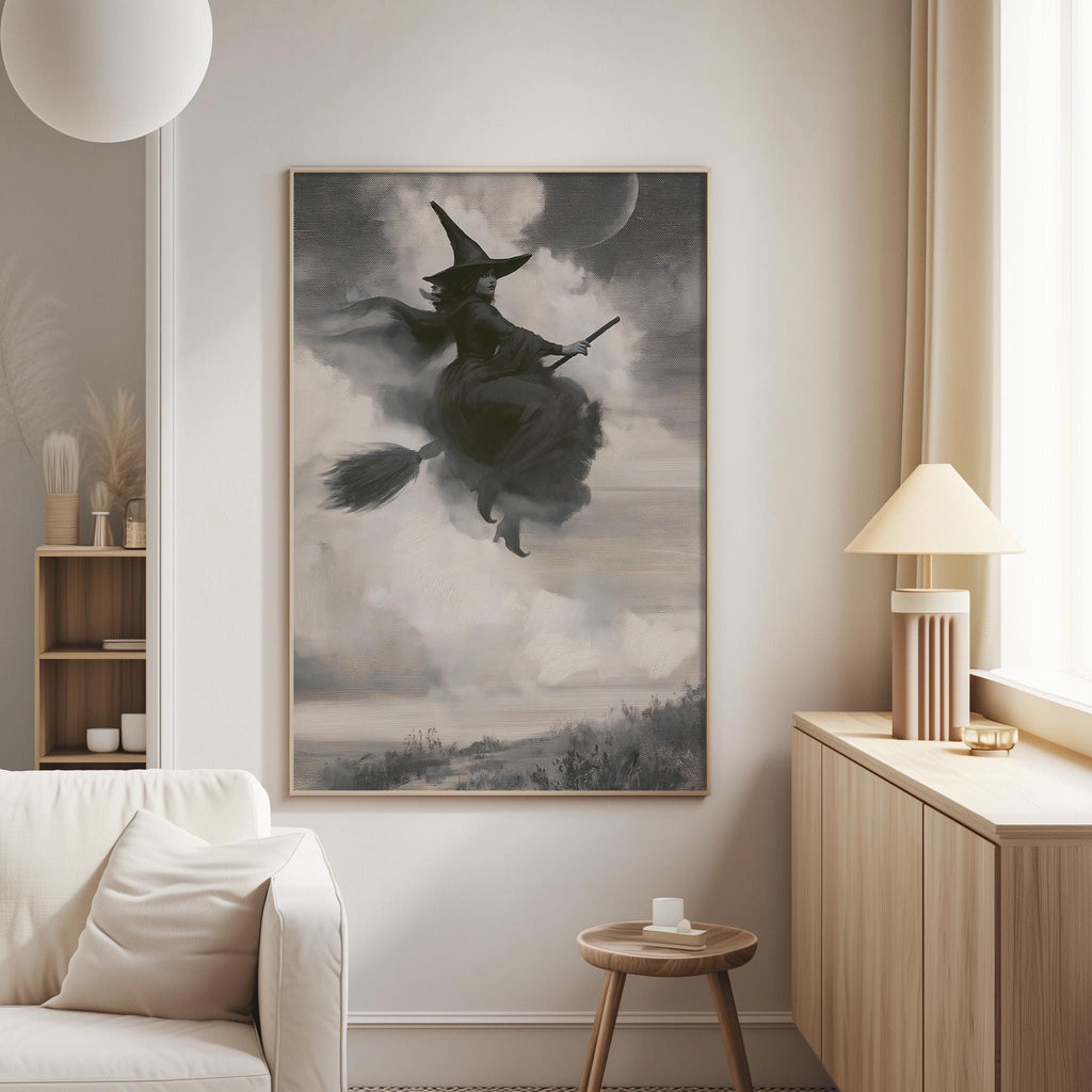 a witch riding a broomstick in a cloudy sky, with a serene landscape in the background.