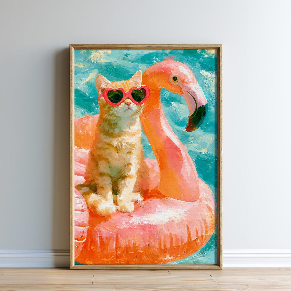 A cat wearing sunglasses is sitting on a pink inflatable flamingo float, which is floating on a blue background.