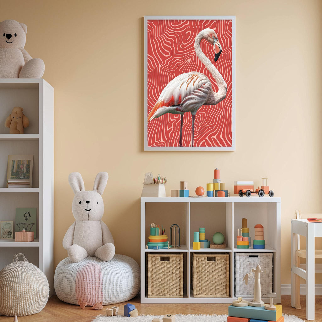 A child's bedroom with a stuffed rabbit, a stuffed flamingo, and a bookshelf filled with toys and books. A framed picture of a flamingo is hanging on the wall above the bookshelf.