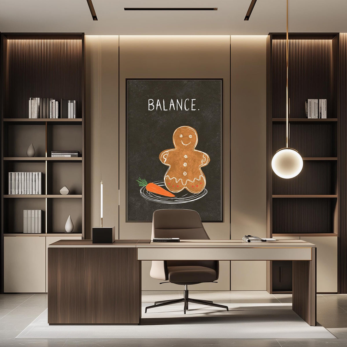 a modern office space with a large gingerbread man poster on the wall, a wooden desk with a chair, and a bookshelf filled with books.