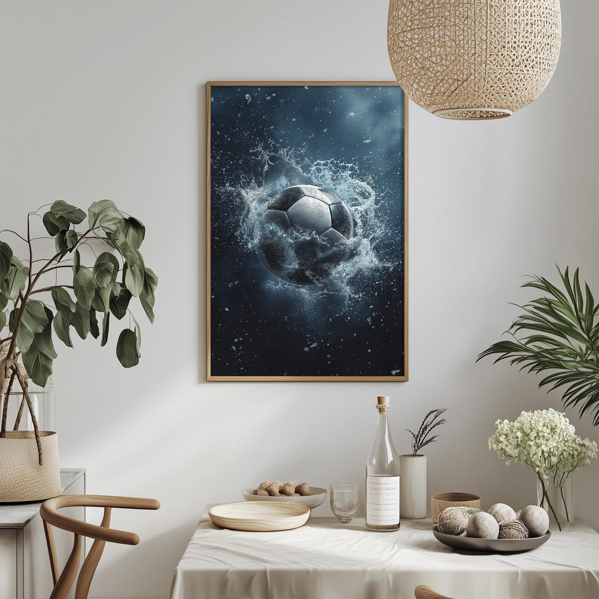 a framed artwork of a soccer ball surrounded by splashing water, hanging on a wall above a dining table with various decorative items and plants.