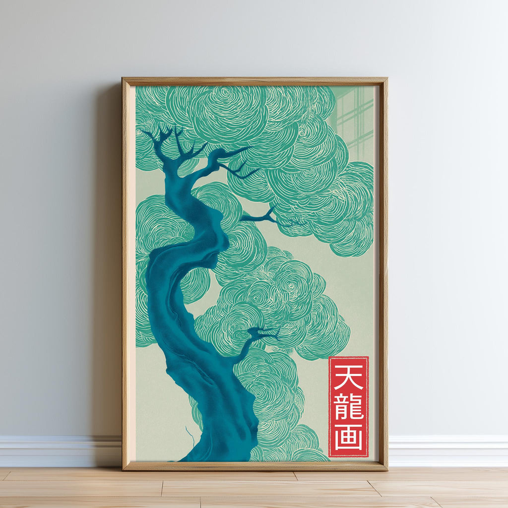 a framed artwork depicting a stylized tree with a blue trunk and green leaves, set against a light green background with swirling patterns.