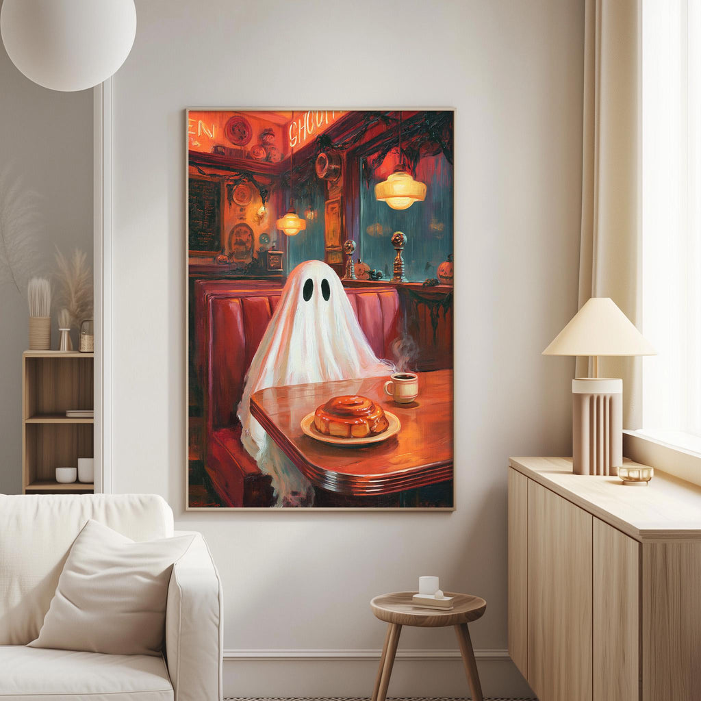a ghost sitting at a table in a restaurant, with a plate of food and a cup of coffee on the table.