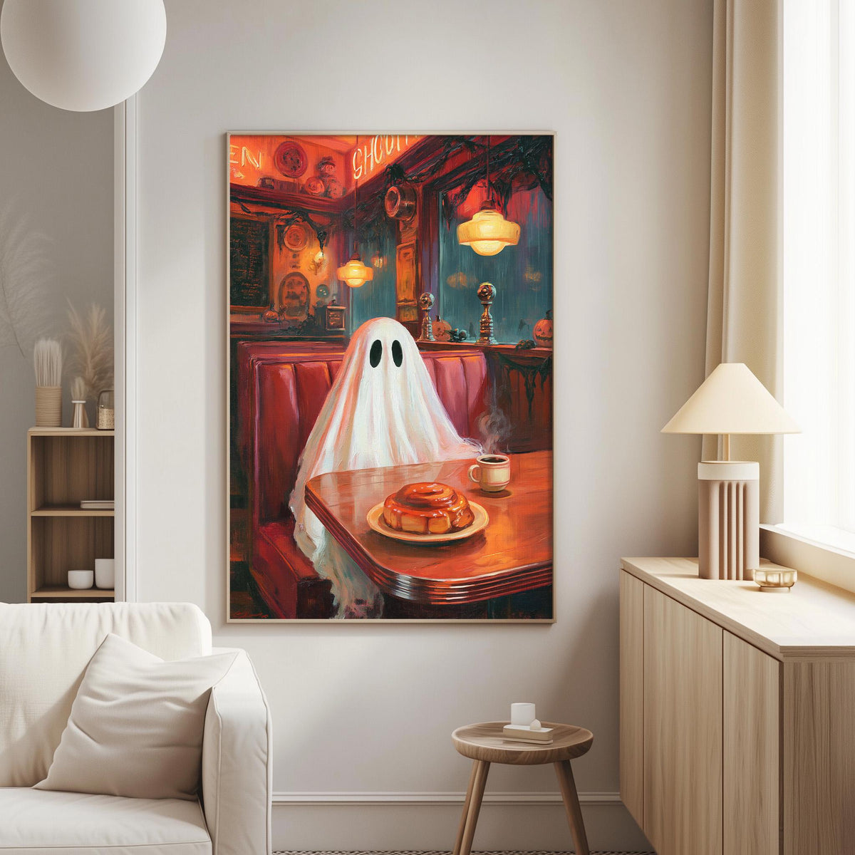 a ghost sitting at a table in a restaurant, with a plate of food and a cup of coffee on the table.
