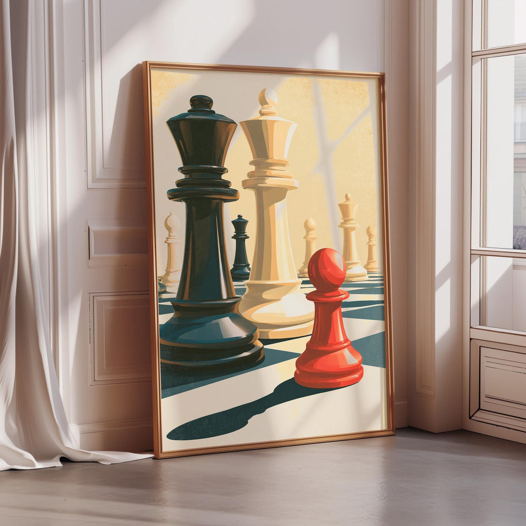 a large framed painting depicting a chessboard with three chess pieces - a black king, a white queen, and a red pawn.