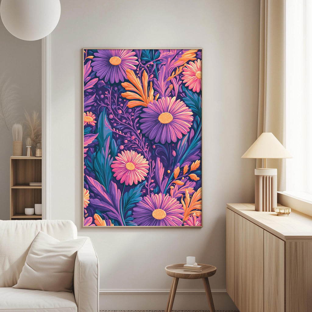 a vibrant floral print hanging on a wall in a cozy living room setting.