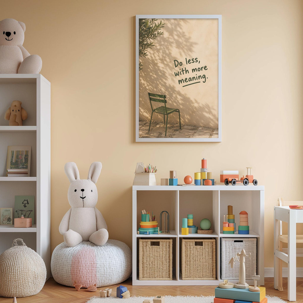 a child's bedroom with a white bookshelf, a stuffed rabbit, a toy train, and a framed poster with the text "Do less, with more meaning" on the wall.