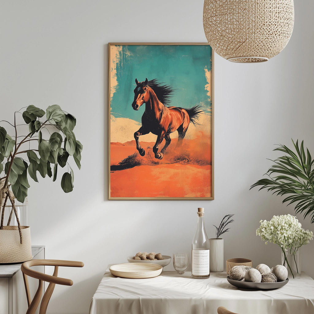 a framed painting of a horse in motion, hanging on a wall above a dining table with various decorative items and plants.