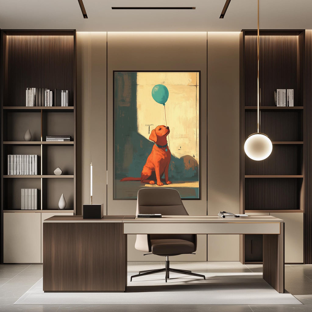 a modern office space with a large painting of a dog holding a green balloon on the wall. The office has a wooden desk, a chair, and a bookshelf filled with books.