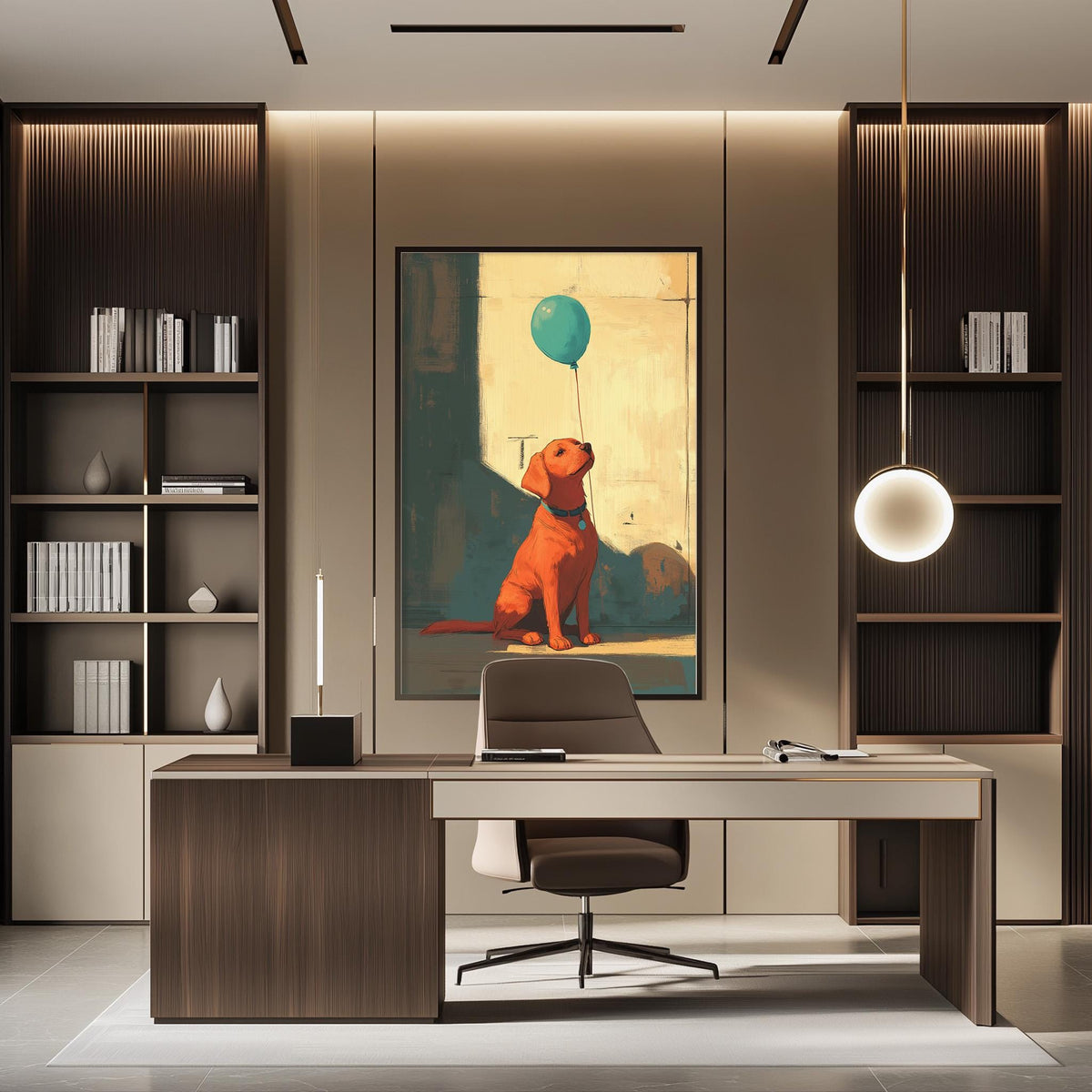 a modern office space with a large painting of a dog holding a green balloon on the wall. The office has a wooden desk, a chair, and a bookshelf filled with books.
