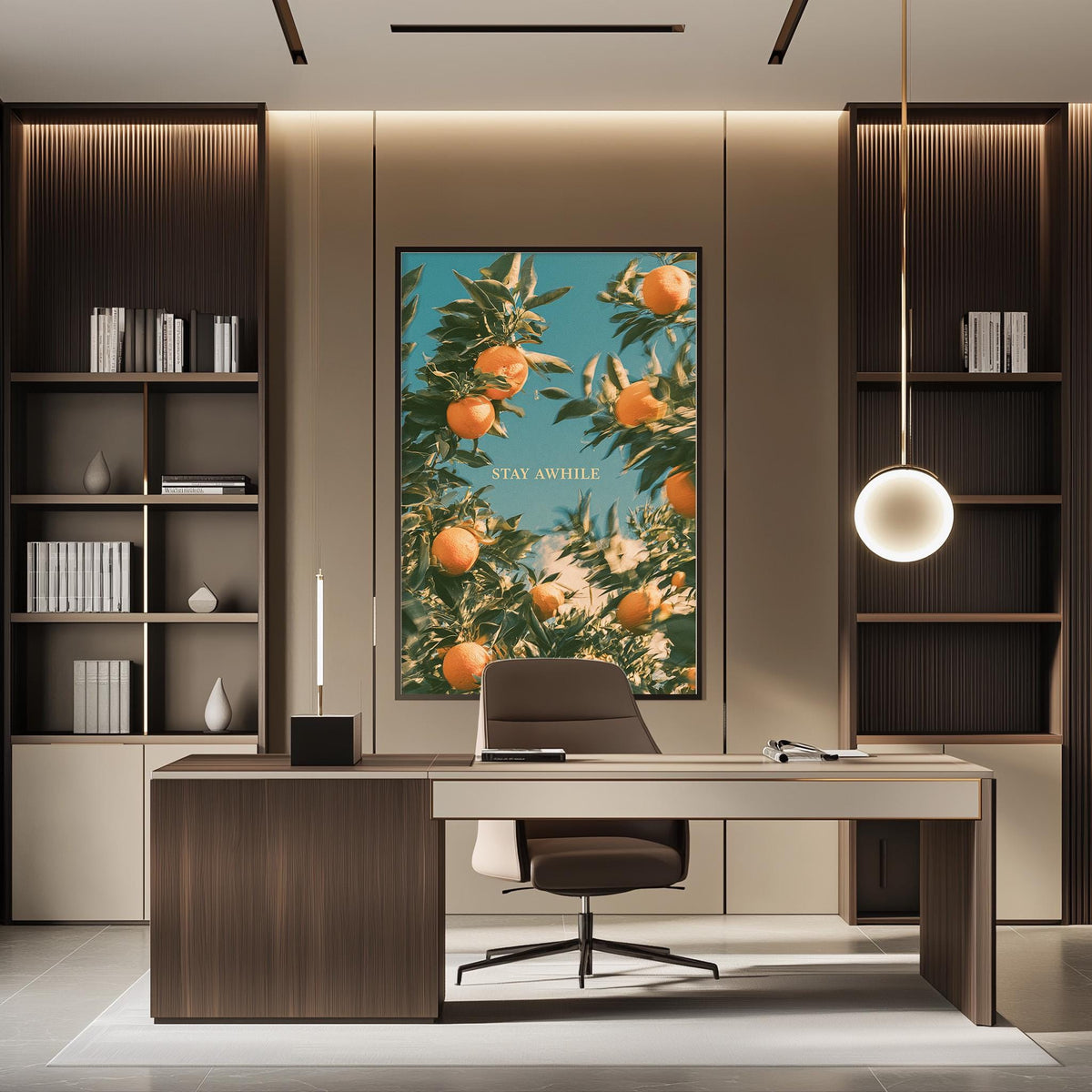 a modern office space with a large framed poster of an orange tree on the wall, a wooden desk with a chair, and built-in bookshelves.