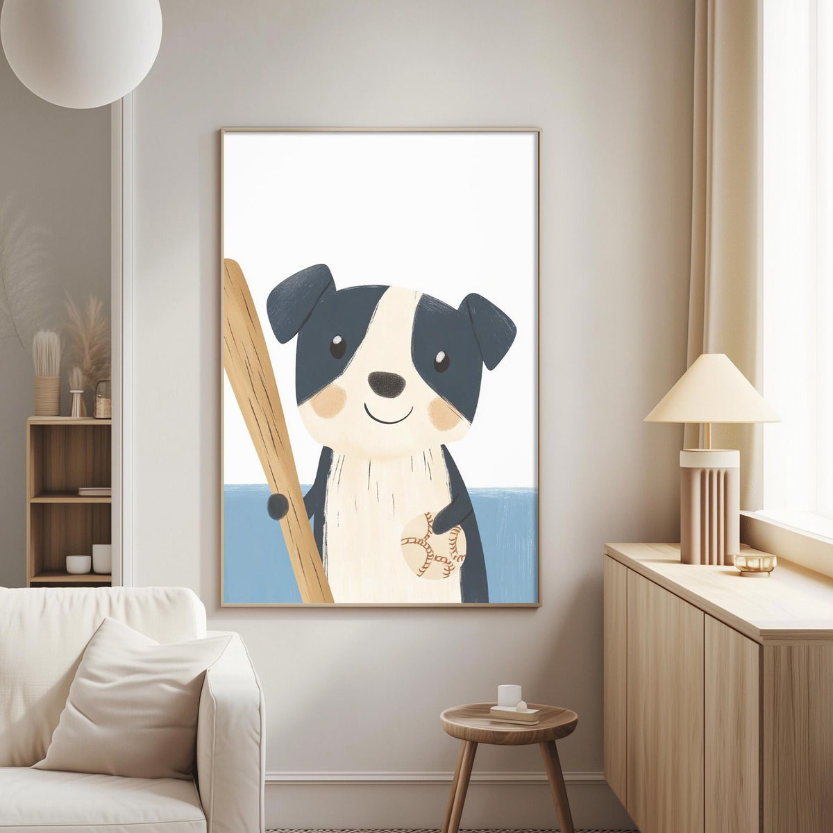 a cozy living room with a large framed picture of a dog holding a stick and a starfish hanging on the wall.
