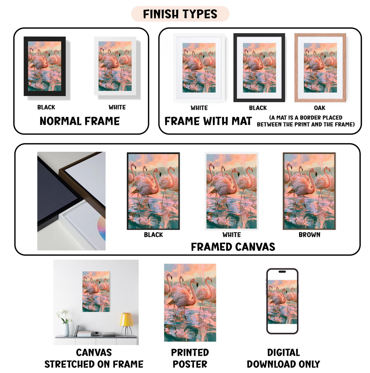 various types of framed artwork, including paintings and photographs, with different finishes and mat colors. It also includes information about the finishes and mat colors for framed canvas prints and digital download options.