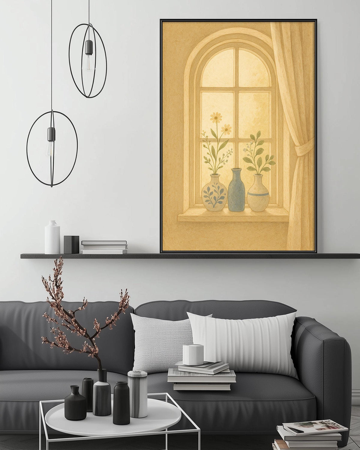 a cozy living room with a gray sofa, a coffee table, and a large framed picture of a window with flowers on the sill. The room has a minimalist and modern design, with a black pendant light hanging above the sofa and a shelf displaying decorative items.