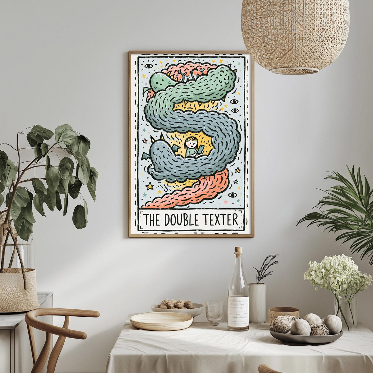 a framed poster of a colorful, whimsical illustration of a snake-like creature, with the text "The Double Texter" below it. The poster is hanging on a wall above a dining table, which has various items on it, such as a bottle, a bowl, and a vase. The room also has some potted plants and a hanging light fixture, creating a cozy and artistic atmosphere.