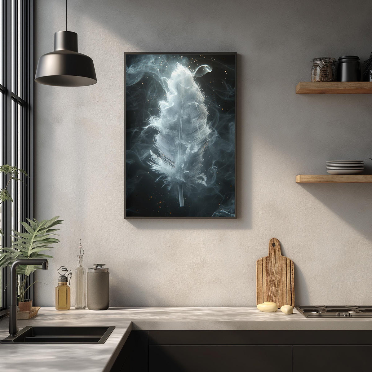 a modern kitchen with a large framed artwork of a feather suspended in the air, creating a striking visual focal point. The kitchen counter is adorned with various kitchen items, including a cutting board, a bottle, and a vase. The overall scene conveys a sense of elegance and sophistication, with the artwork and kitchen items complementing each other to create a harmonious and stylish space.