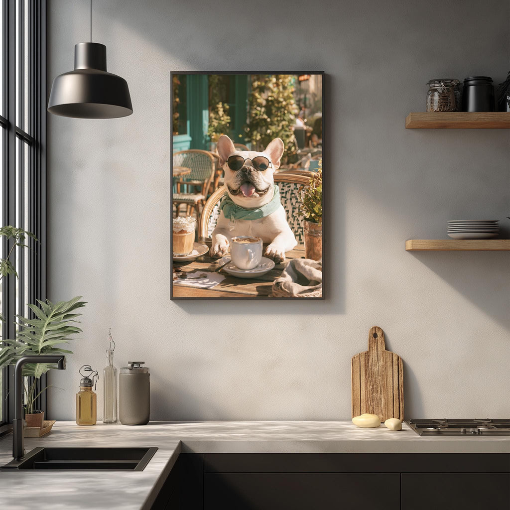 A framed photograph of a French Bulldog wearing sunglasses and sitting at a table with a cup and saucer, surrounded by potted plants and other decorative items.